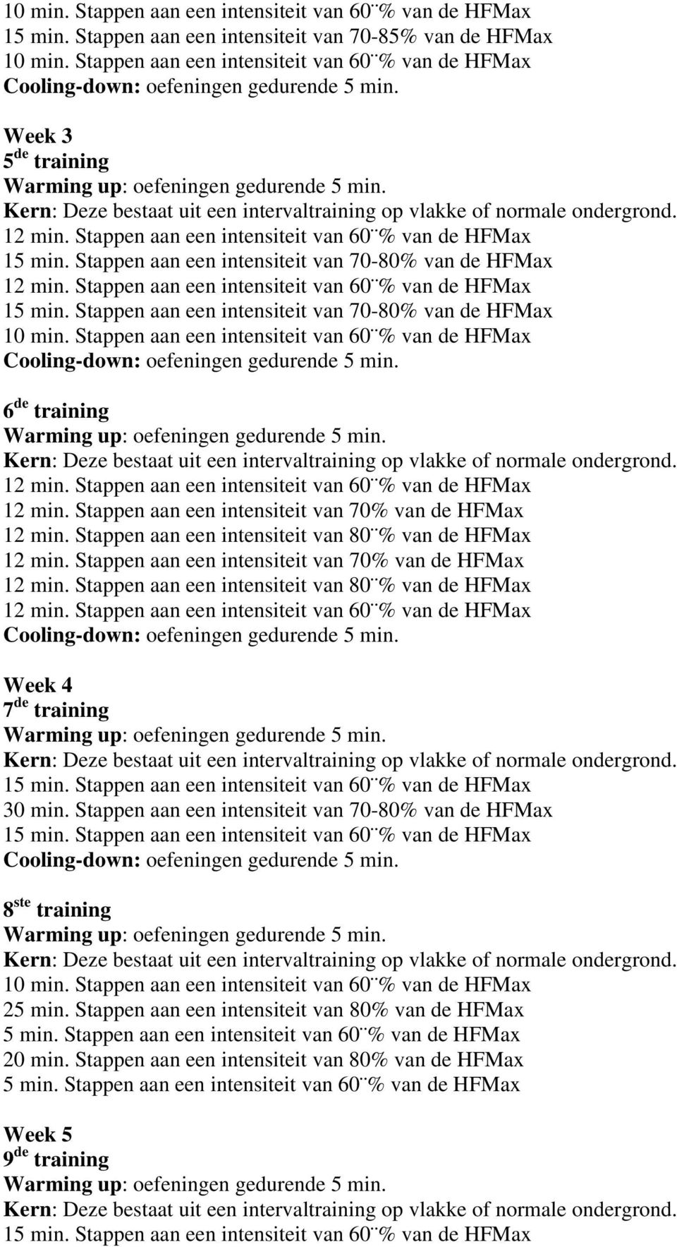 Stappen aan een intensiteit van 80 % van de HFMax 12 min. Stappen aan een intensiteit van 70% van de HFMax 12 min.