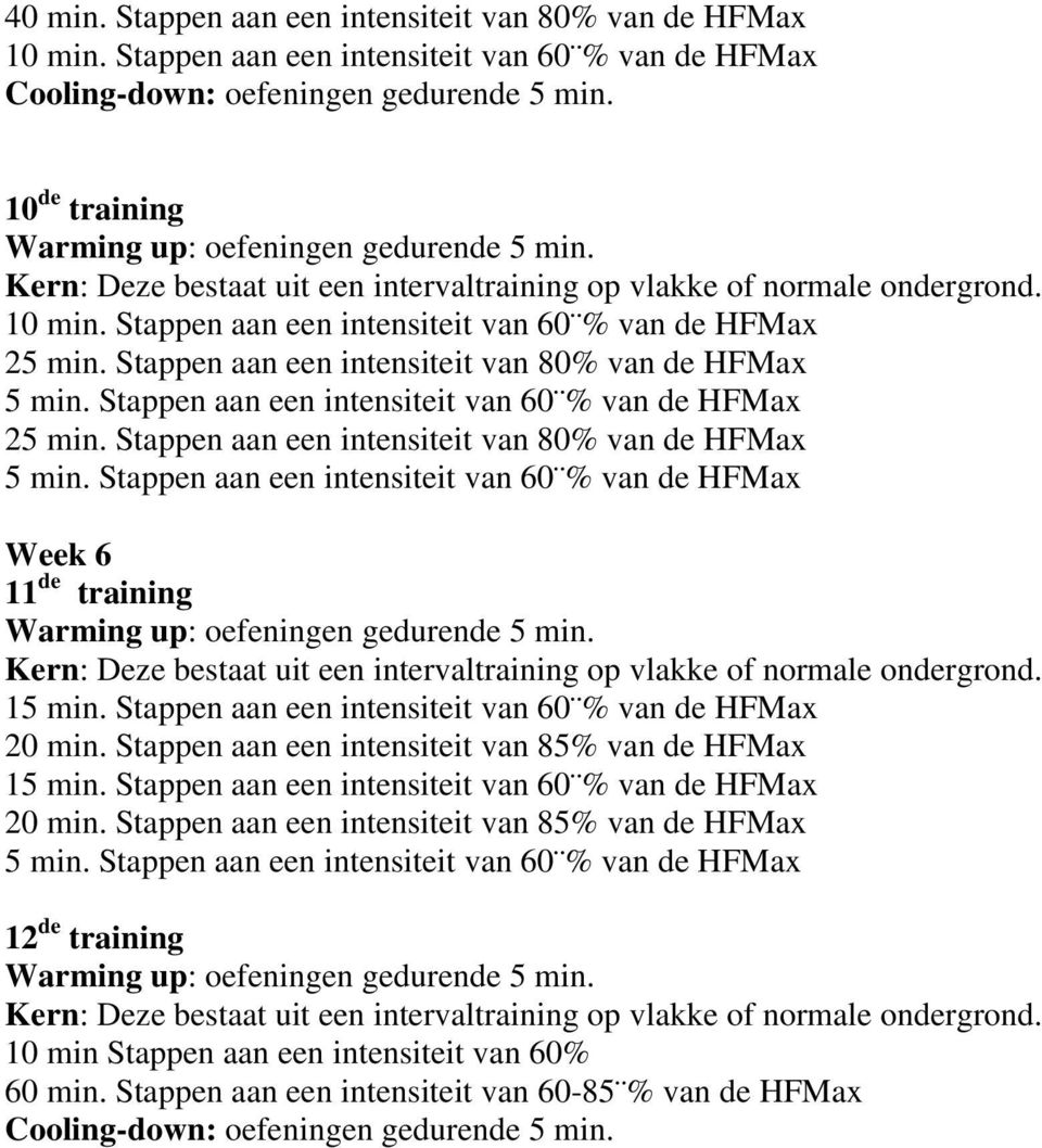 Stappen aan een intensiteit van 80% van de HFMax Week 6 11 de training 20 min.