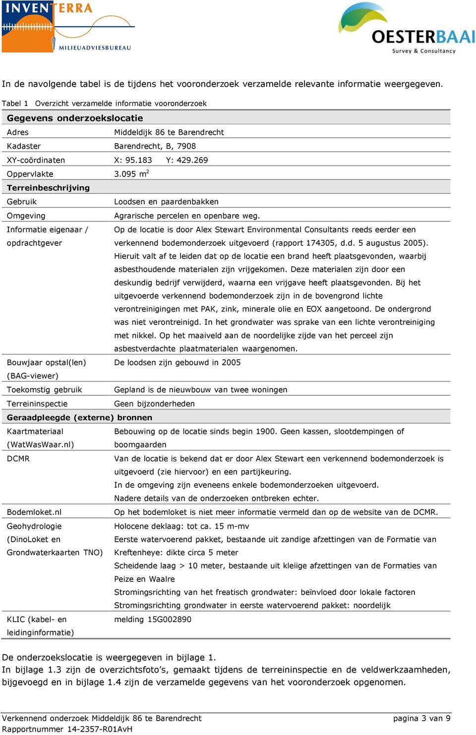 095 m 2 Terreinbeschrijving Gebruik Omgeving Informatie eigenaar / opdrachtgever Bouwjaar opstal(len) (BAG-viewer) Toekomstig gebruik Terreininspectie Loodsen en paardenbakken Agrarische percelen en