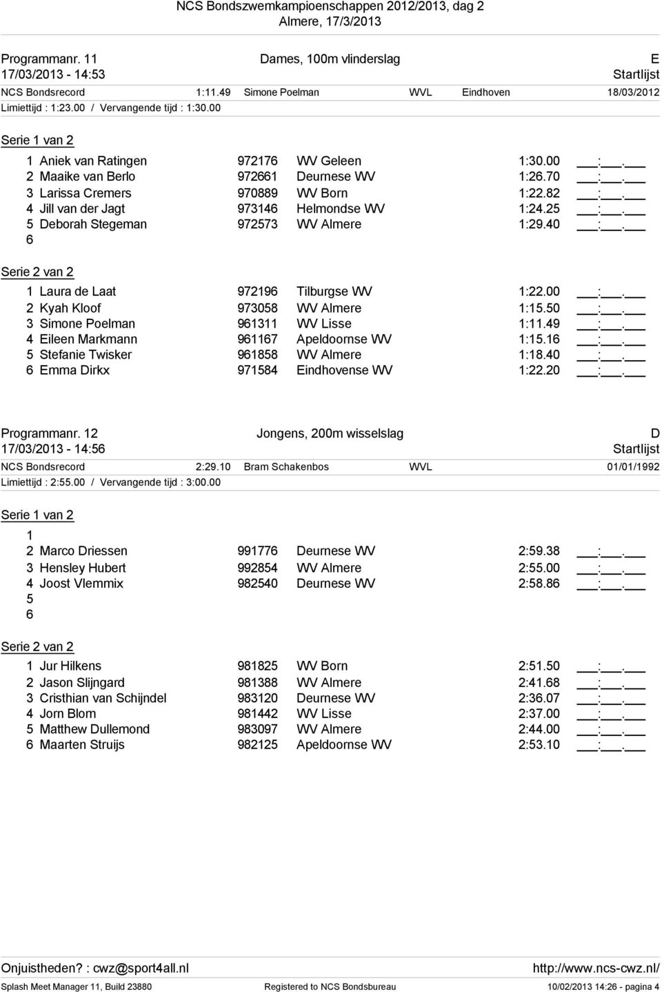 5 Deborah Stegeman 972573 WV Almere 1:29.40 :. 1 Laura de Laat 97219 Tilburgse WV 1:22.00 :. 2 Kyah Kloof 973058 WV Almere 1:15.50 :. 3 Simone Poelman 91311 WV Lisse 1:11.49 :.