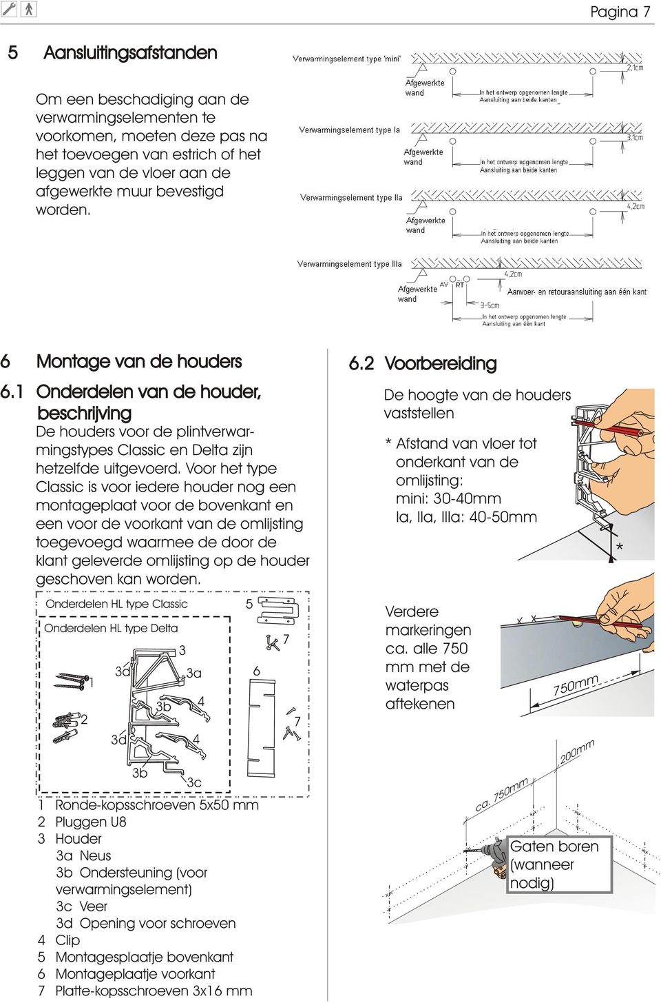 Voor het type Classic is voor iedere houder nog een montageplaat voor de bovenkant en een voor de voorkant van de omlijsting toegevoegd waarmee de door de klant geleverde omlijsting op de houder