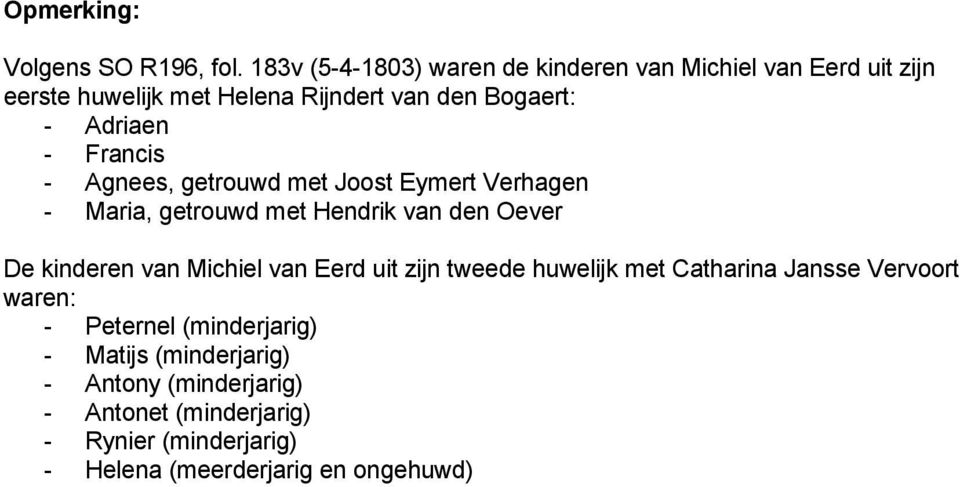 - Francis - Agnees, getrouwd met Joost Eymert Verhagen - Maria, getrouwd met Hendrik van den Oever De kinderen van Michiel van