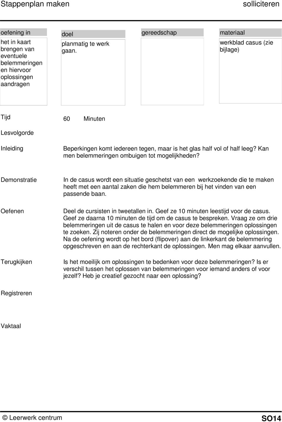 In de casus wordt een situatie geschetst van een werkzoekende die te maken heeft met een aantal zaken die hem belemmeren bij het vinden van een passende baan. Deel de cursisten in tweetallen in.