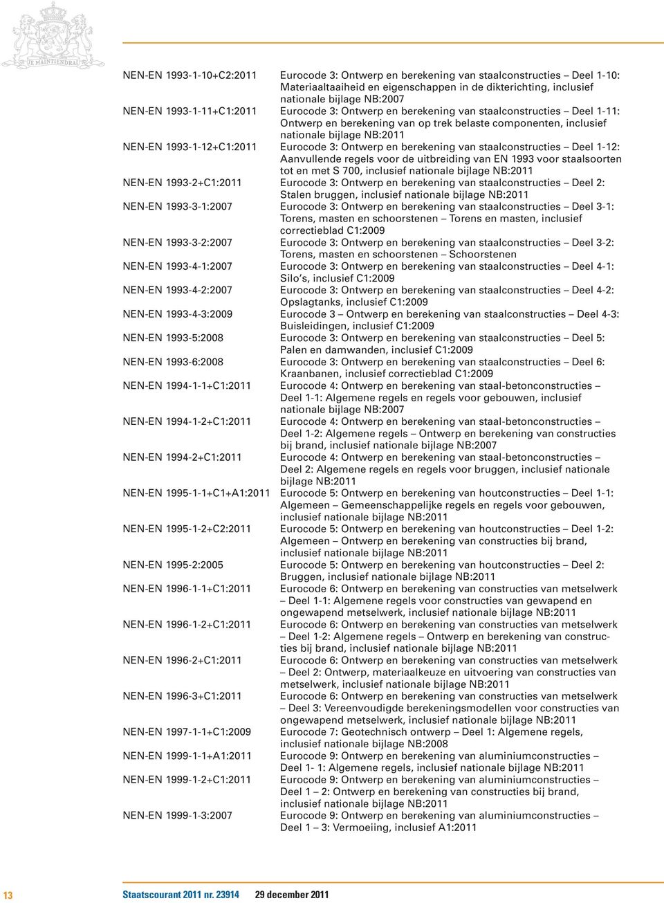 1993-1-12+C1:2011 Eurocode 3: Ontwerp en berekening van staalconstructies Deel 1-12: Aanvullende regels voor de uitbreiding van EN 1993 voor staalsoorten tot en met S 700, inclusief nationale bijlage