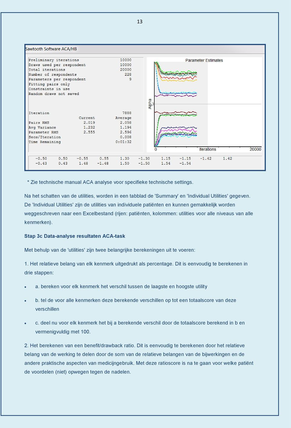 alle kenmerken). Stap 3c Data-analyse resultaten ACA-task Met behulp van de 'utilities' zijn twee belangrijke berekeningen uit te voeren: 1.