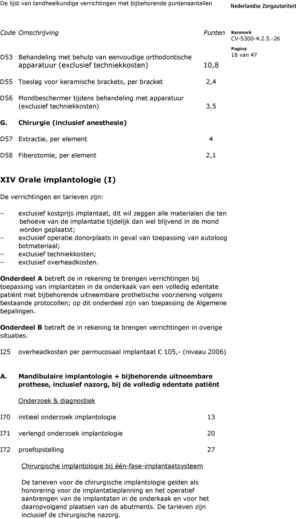 Chirurgie (inclusief anesthesie) D57 Extractie, per element 4 D58 Fiberotomie, per element 2,1 XIV Orale implantologie (I) De verrichtingen en tarieven zijn: exclusief kostprijs implantaat, dit wil