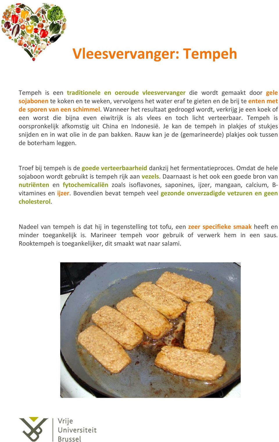 Tempeh is oorspronkelijk afkomstig uit China en Indonesië. Je kan de tempeh in plakjes of stukjes snijden en in wat olie in de pan bakken.