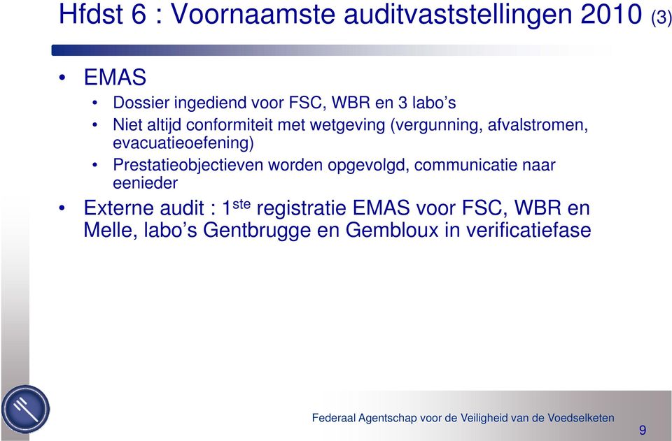 Prestatieobjectieven en worden opgevolgd, olgd communicatie naar eenieder Externe audit : 1