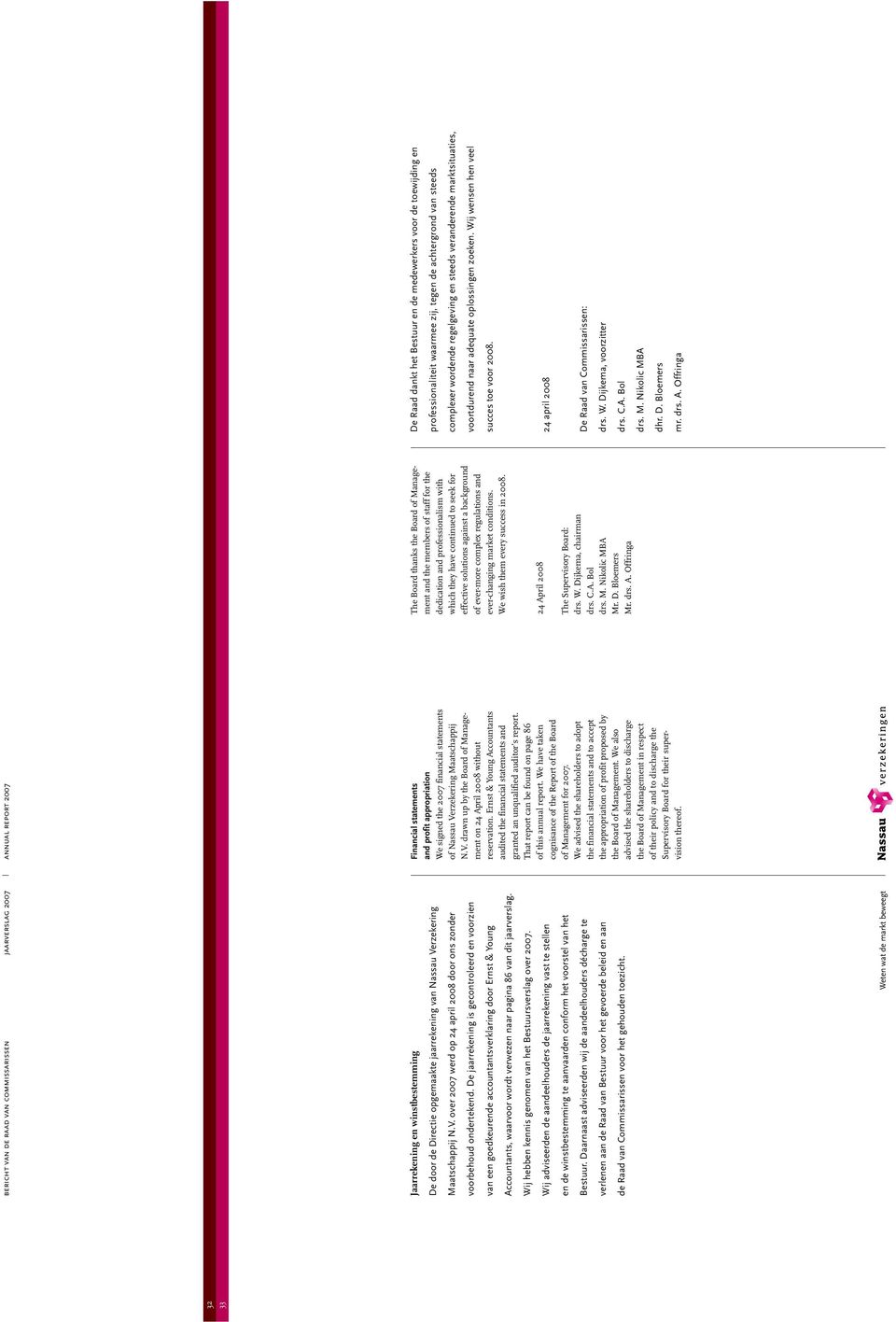 Wij hebben kennis genomen van het Bestuursverslag over 2007. Wij adviseerden de aandeelhouders de jaarrekening vast te stellen en de winstbestemming te aanvaarden conform het voorstel van het Bestuur.