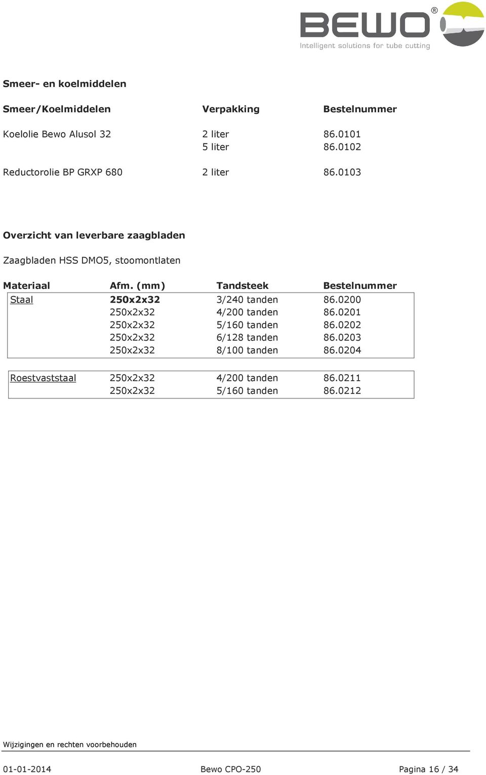 (mm) Tandsteek Bestelnummer Staal 250x2x32 3/240 tanden 86.0200 250x2x32 4/200 tanden 86.0201 250x2x32 5/160 tanden 86.