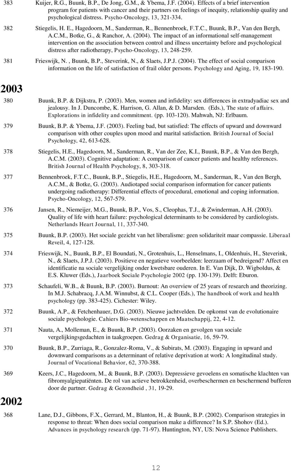 382 Stiegelis, H. E., Hagedoorn, M., Sanderman, R., Bennenbroek, F.T.C., Buunk, B.P., Van den Bergh, A.C.M., Botke, G., & Ranchor, A. (2004).