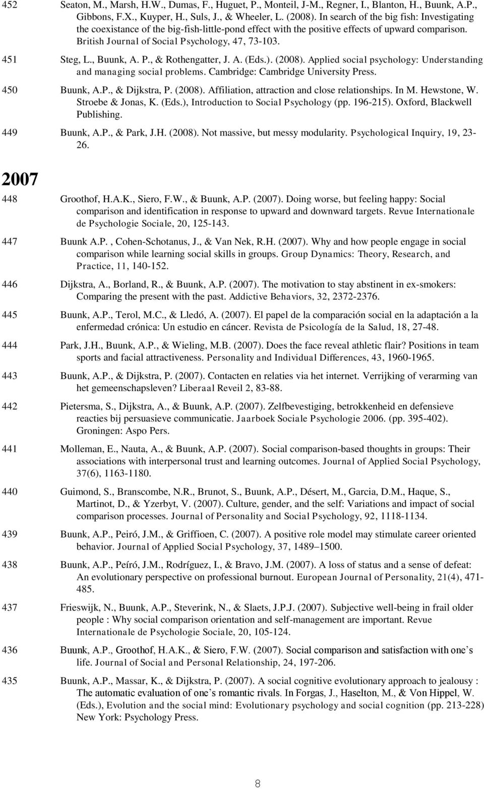 451 Steg, L., Buunk, A. P., & Rothengatter, J. A. (Eds.). (2008). Applied social psychology: Understanding and managing social problems. Cambridge: Cambridge University Press. 450 Buunk, A.P., & Dijkstra, P.