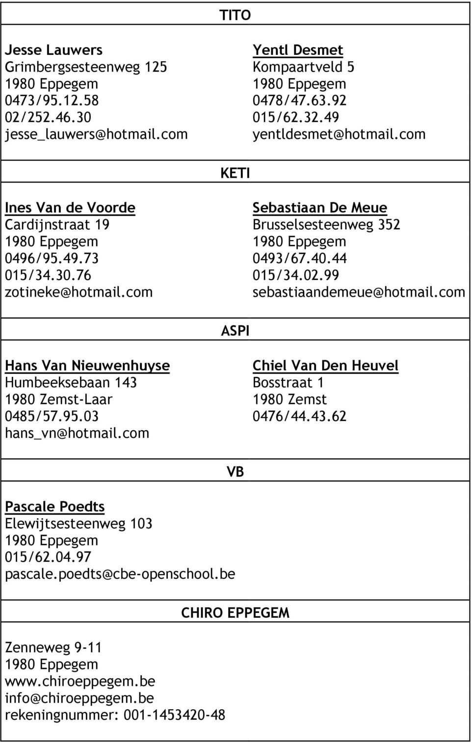 99 zotineke@hotmail.com sebastiaandemeue@hotmail.com ASPI Hans Van Nieuwenhuyse Chiel Van Den Heuvel Humbeeksebaan 143 Bosstraat 1 1980 Zemst-Laar 1980 Zemst 0485/57.95.03 0476/44.43.62 hans_vn@hotmail.