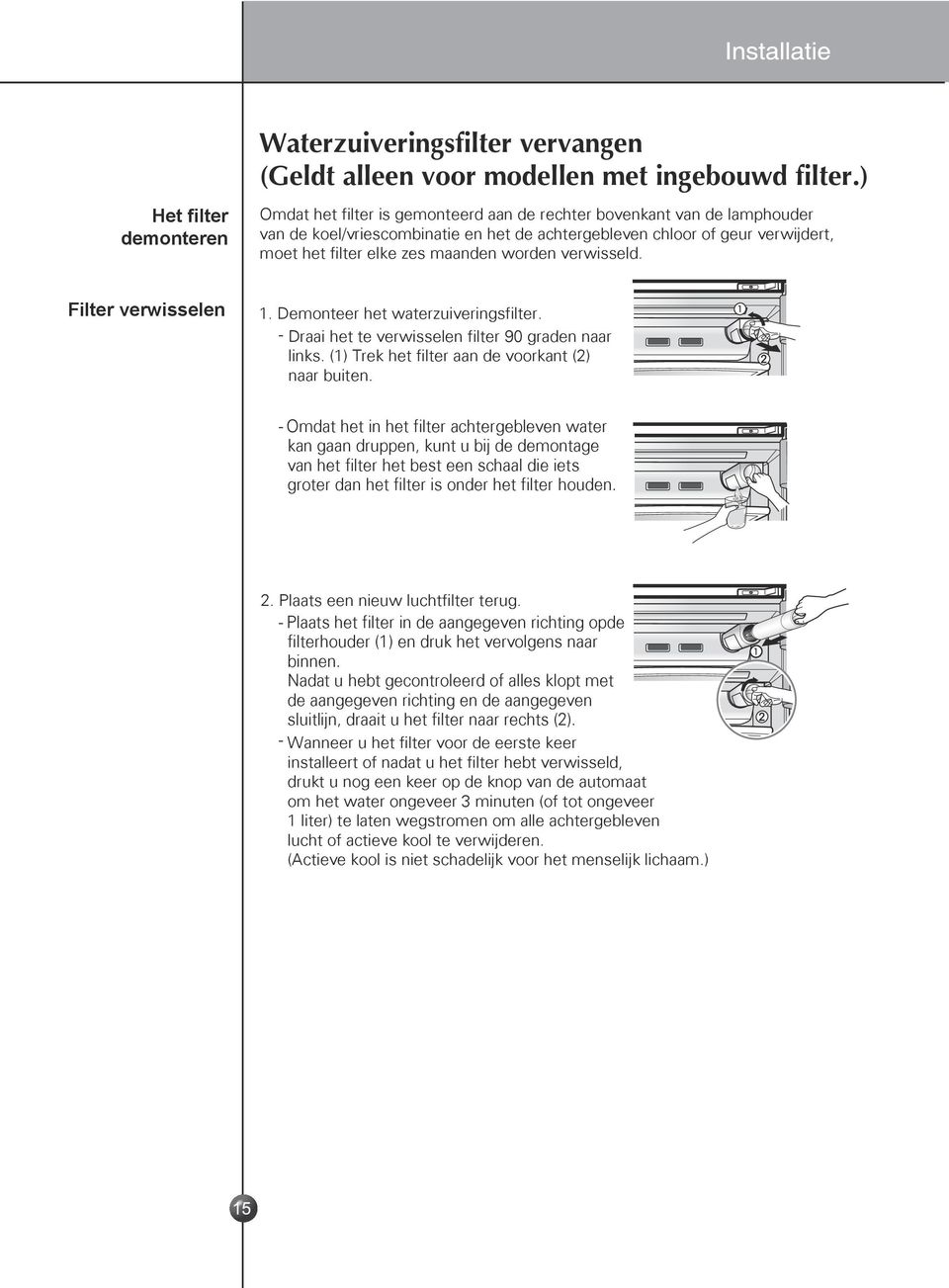 zes maanden worden verwisseld. Filter verwisselen 1. Demonteer het waterzuiveringsfilter. - Draai het te verwisselen filter 90 graden naar links. (1) Trek het filter aan de voorkant (2) naar buiten.