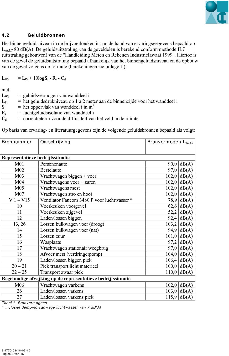 Hiertoe is van de gevel de geluidsuitstraling bepaald afhankelijk van het binnengeluidsniveau en de opbouw van de gevel volgens de formule (berekeningen zie bijlage II): L Wi = L Pi + 10logS i - R i