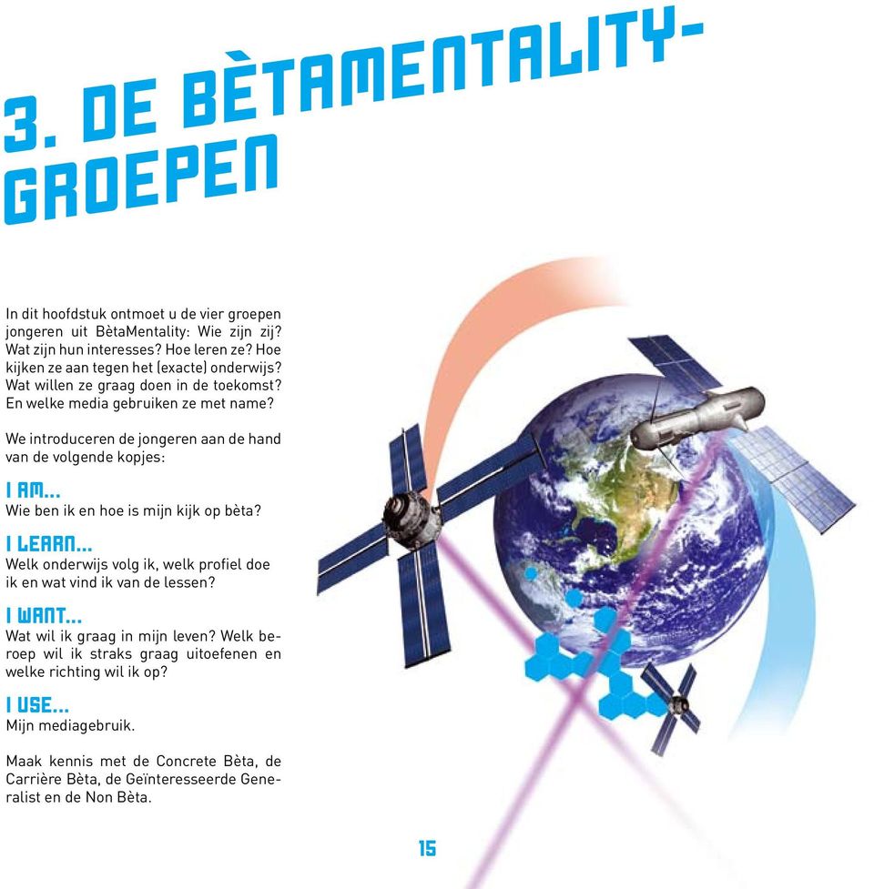 We introduceren de jongeren aan de hand van de volgende kopjes: I am... Wie ben ik en hoe is mijn kijk op bèta? I learn.