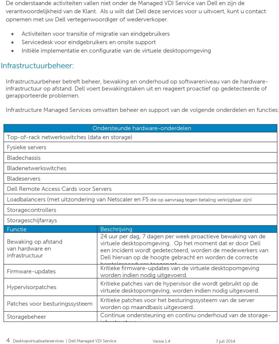 Activiteiten voor transitie of migratie van eindgebruikers Servicedesk voor eindgebruikers en onsite support Initiële implementatie en configuratie van de virtuele desktopomgeving