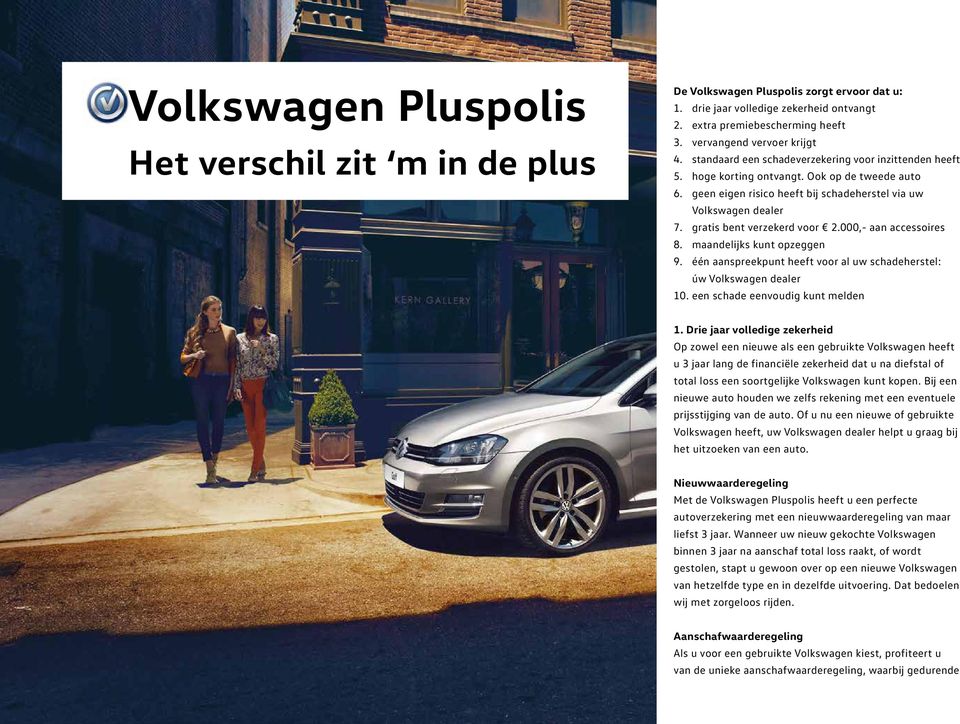 geen eigen risico heeft bij schadeherstel via uw Volkswagen dealer 7. gratis bent verzekerd voor 2.000,- aan accessoires 8. maandelijks kunt opzeggen 9.