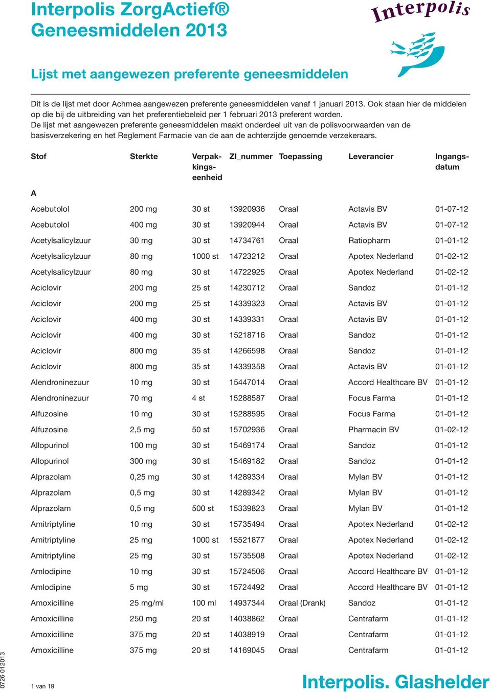 De lijst met aangewezen preferente geneesmiddelen maakt onderdeel uit van de polisvoorwaarden van de basisverzekering en het Reglement Farmacie van de aan de achterzijde genoemde verzekeraars.