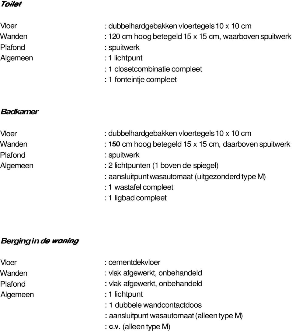 spiegel) : aansluitpunt wasautomaat (uitgezonderd type M) : 1 wastafel compleet : 1 ligbad compleet Berging in die wonhg : cementdekvloer : vlak