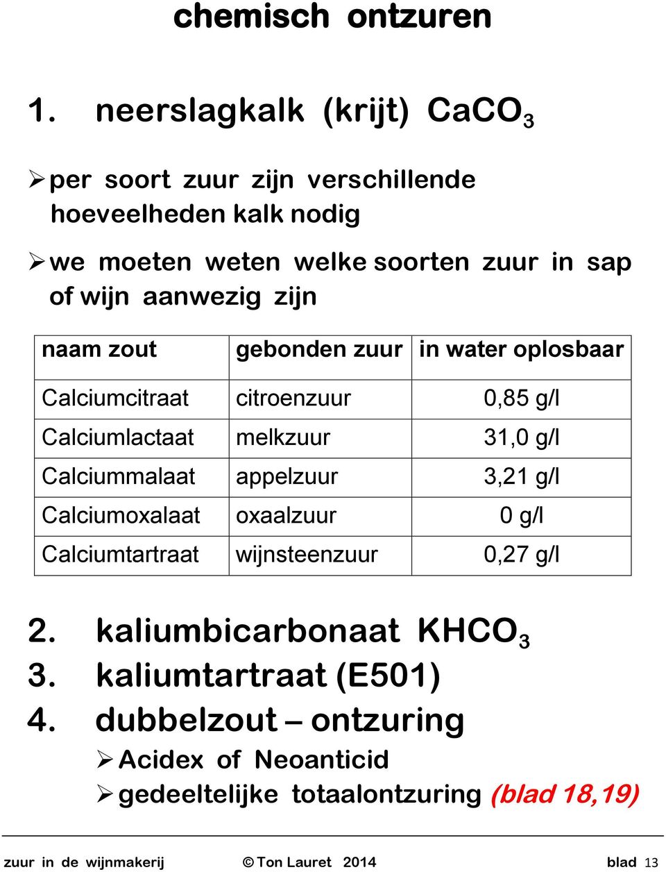 aanwezig zijn naam zout gebonden zuur in water oplosbaar Calciumcitraat citroenzuur 0,85 g/l Calciumlactaat melkzuur 31,0 g/l Calciummalaat