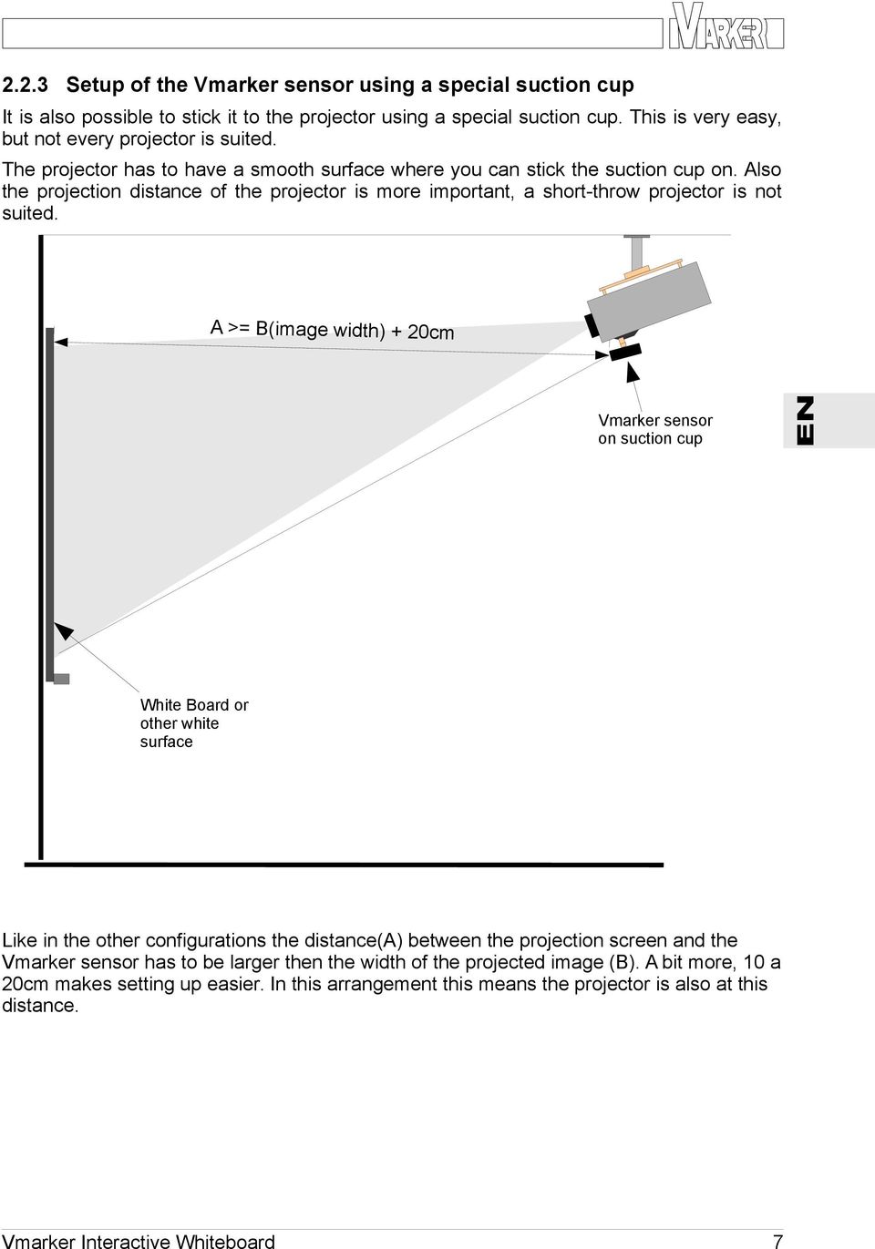 A >= B(image width) + 20cm Vmarker sensor on suction cup EN White Board or other white surface Like in the other configurations the distance(a) between the projection screen and the Vmarker sensor