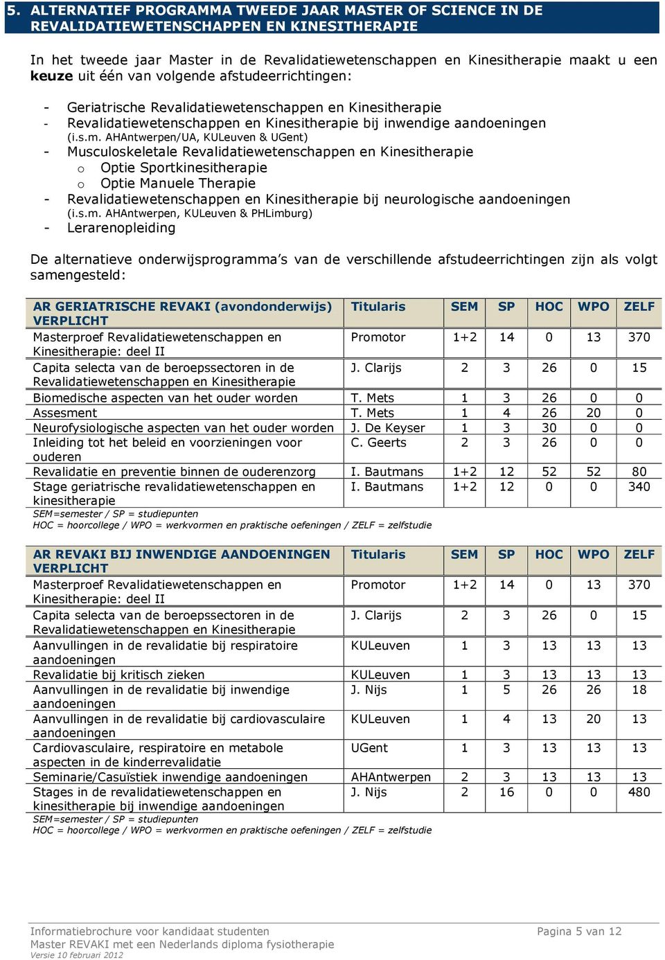 AHAntwerpen/UA, KULeuven & UGent) - Musculoskeletale Revalidatiewetenschappen en Kinesitherapie o Optie Sportkinesitherapie o Optie Manuele Therapie - Revalidatiewetenschappen en Kinesitherapie bij