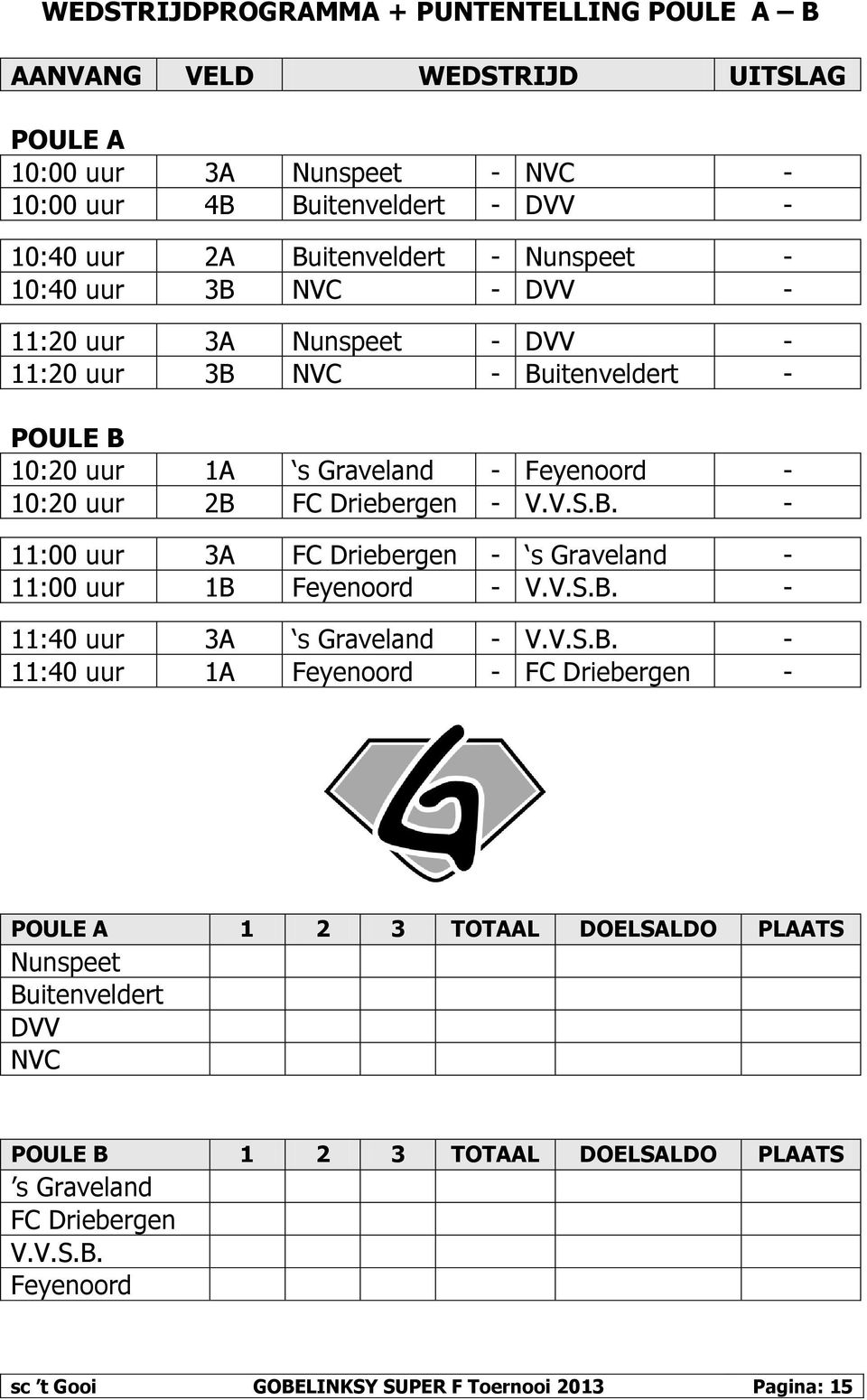 B. - 11:00 uur 3A FC Driebergen - s Graveland - 11:00 uur 1B Feyenoord - V.V.S.B. - 11:40 uur 3A s Graveland - V.V.S.B. - 11:40 uur 1A Feyenoord - FC Driebergen - POULE A 1 2 3 TOTAAL DOELSALDO PLAATS Nunspeet Buitenveldert DVV NVC POULE B 1 2 3 TOTAAL DOELSALDO PLAATS s Graveland FC Driebergen V.