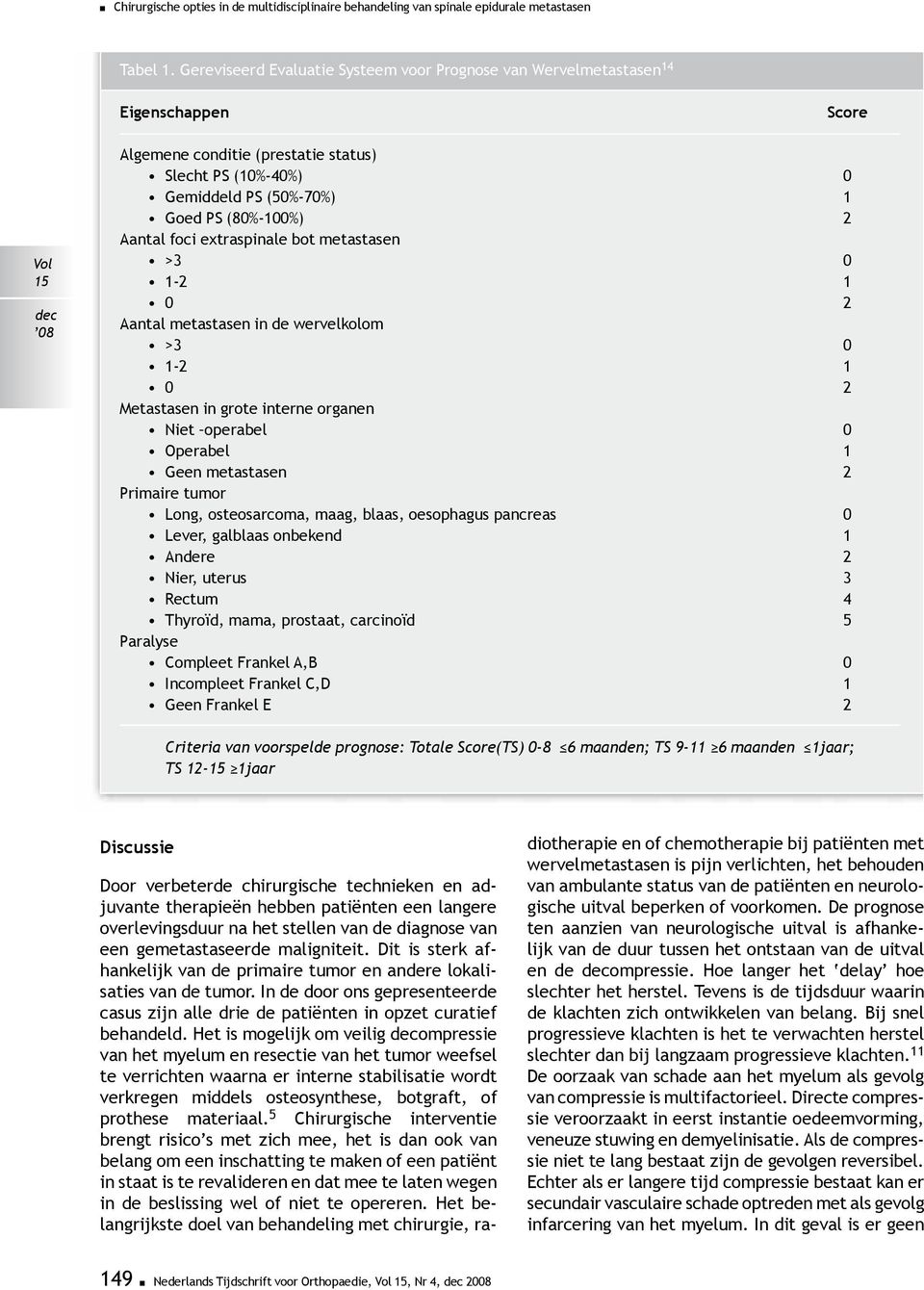 foci extraspinale bot metastasen >3 0 1-2 1 0 2 Aantal metastasen in de wervelkolom >3 0 1-2 1 0 2 Metastasen in grote interne organen Niet operabel 0 Operabel 1 Geen metastasen 2 Primaire tumor