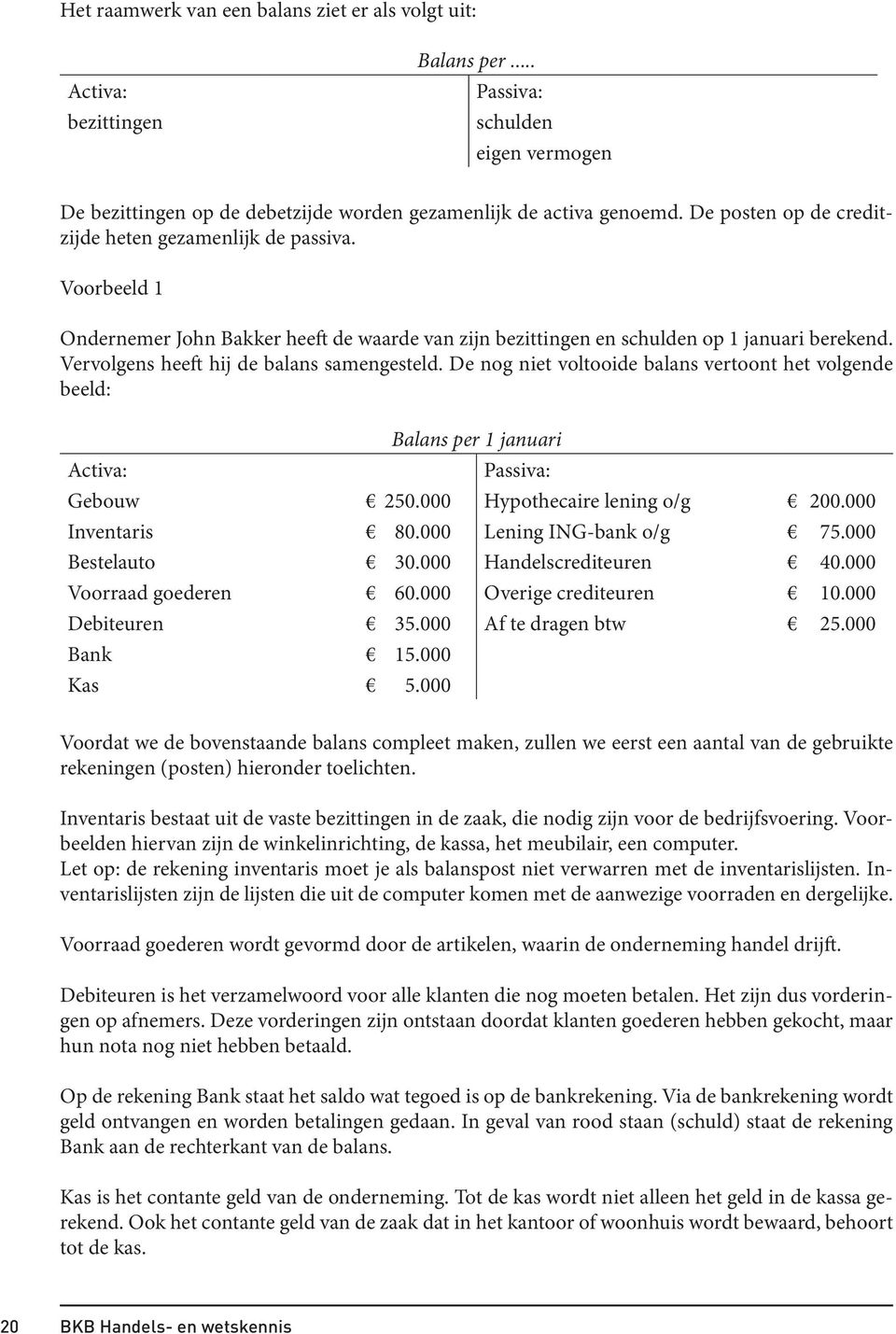 Vervolgens heeft hij de balans samengesteld. De nog niet voltooide balans vertoont het volgende beeld: Balans per 1 januari Activa: Passiva: Gebouw 250.000 Hypothecaire lening o/g 200.