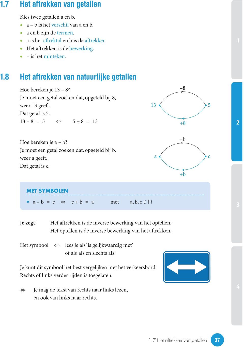 Je moet een getal zoeken dat, opgeteld bij b, weer a geeft. Dat getal is c. a b c +b MET SYMBOLEN a b = c Û c + b = a met a, b, c Î N Je zegt Het aftrekken is de inverse bewerking van het optellen.