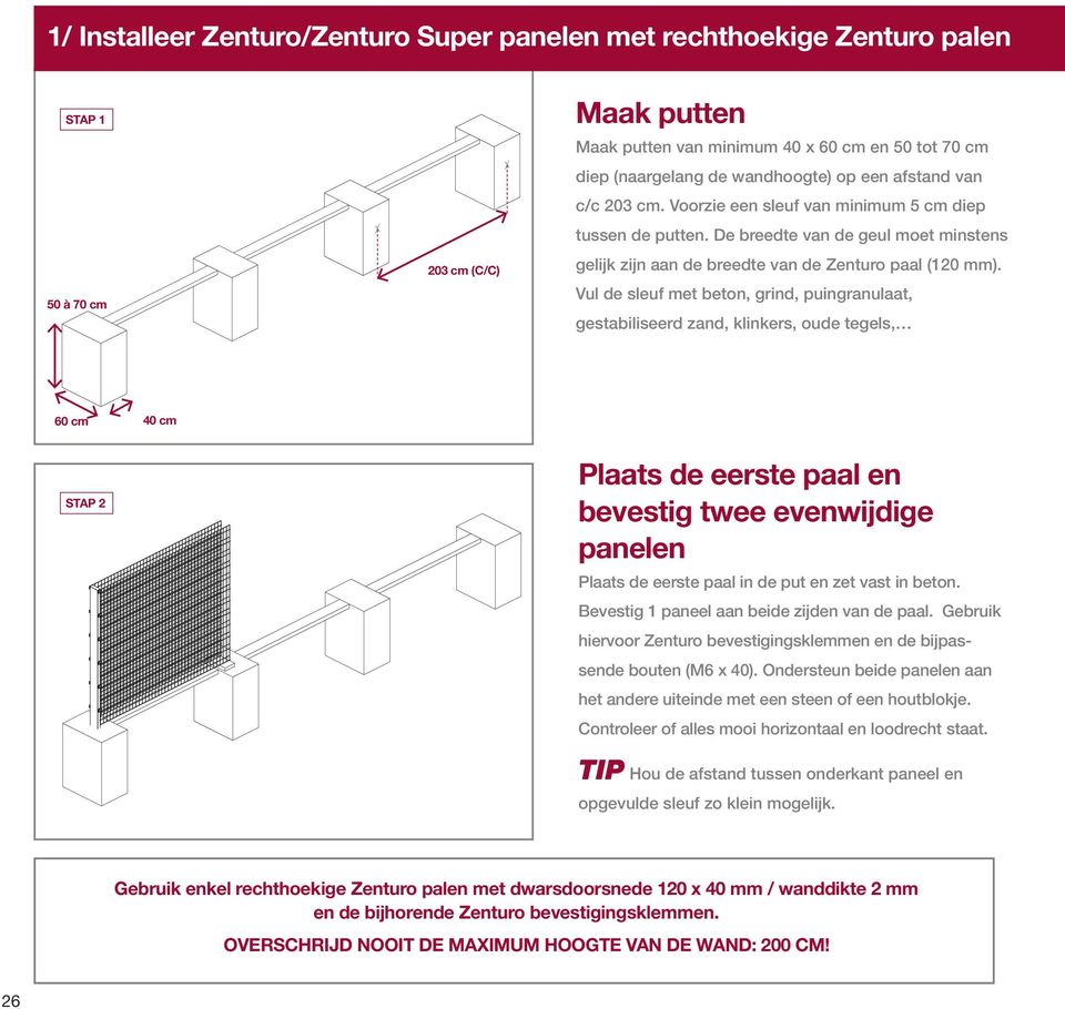 Vul de sleuf met beton, grind, puingranulaat, gestabiliseerd zand, klinkers, oude tegels, Plaats de eerste paal en panelen Plaats de eerste paal in de put en zet vast in beton.