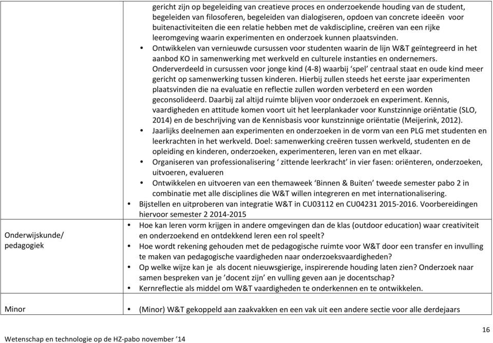 Ontwikkelen van vernieuwde cursussen voor studenten waarin de lijn W&T geïntegreerd in het aanbod KO in samenwerking met werkveld en culturele instanties en ondernemers.