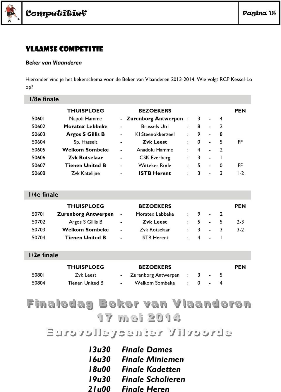 Hasselt - Zvk Leest : 0-5 FF 50605 Welkom Sombeke - Anadolu Hamme : 4-2 50606 Zvk Rotselaar - CSK Everberg : 3-1 50607 Tienen United B - Wittekes Rode : 5-0 FF 50608 Zvk Katelijne - ISTB Herent : 3-3