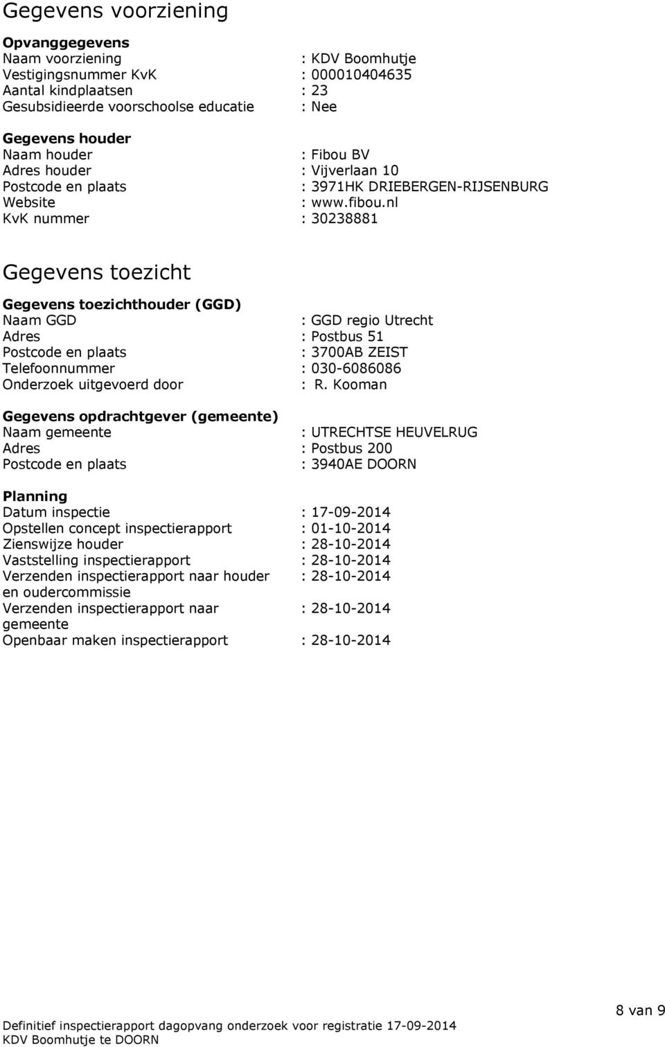nl KvK nummer : 30238881 Gegevens toezicht Gegevens toezichthouder (GGD) Naam GGD : GGD regio Utrecht Adres : Postbus 51 Postcode en plaats : 3700AB ZEIST Telefoonnummer : 030-6086086 Onderzoek