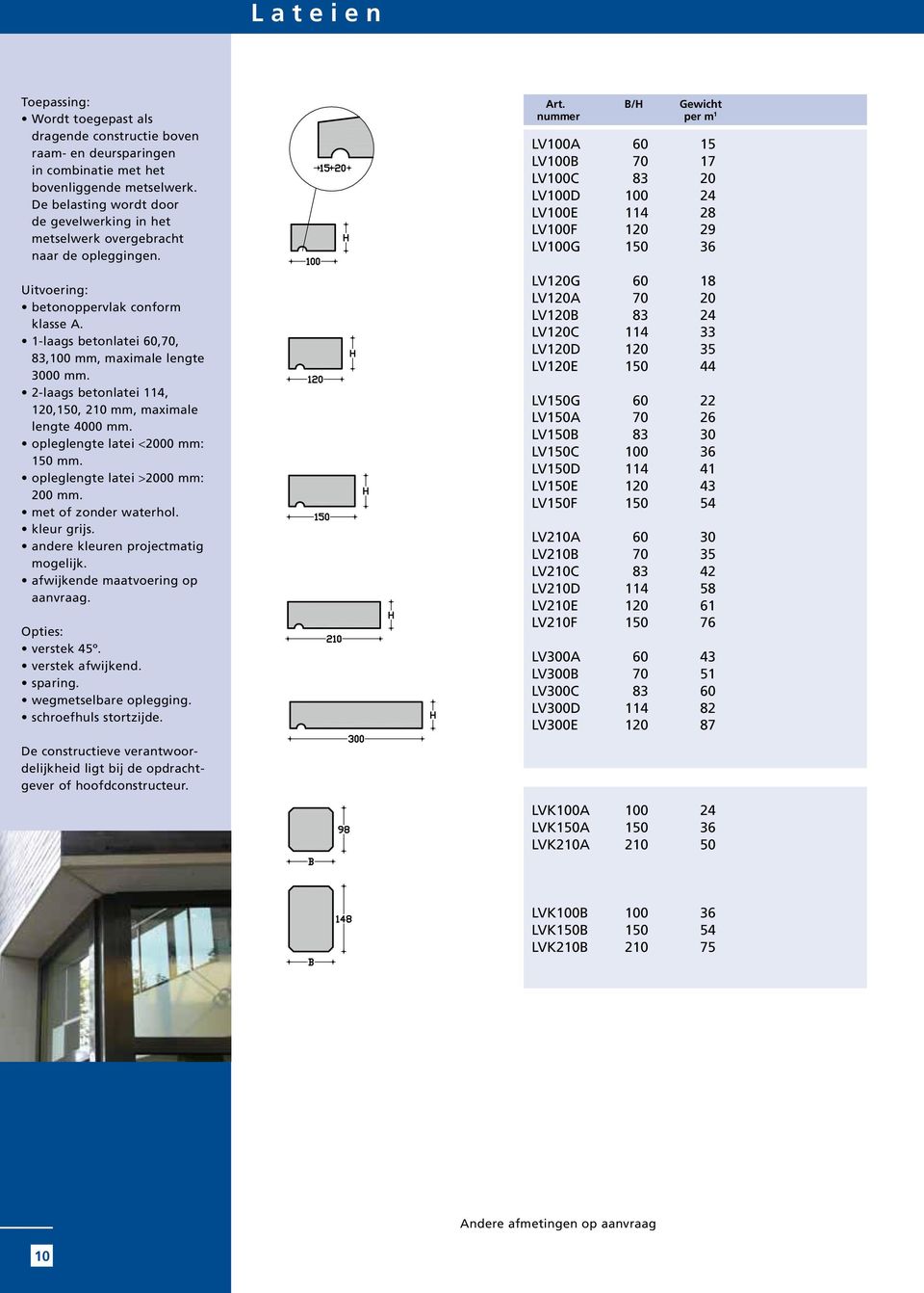 2-laags betonlatei 114, 120,150, 210 mm, maximale lengte 4000 mm. opleglengte latei <2000 mm: 150 mm. opleglengte latei >2000 mm: 200 mm. met of zonder waterhol. kleur grijs. verstek 45º.