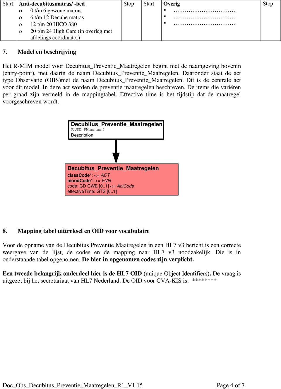 Daaronder staat de act type Observatie (OBS)met de naam Decubitus_Preventie_Maatregelen. Dit is de centrale act voor dit model. In deze act worden de preventie maatregelen beschreven.