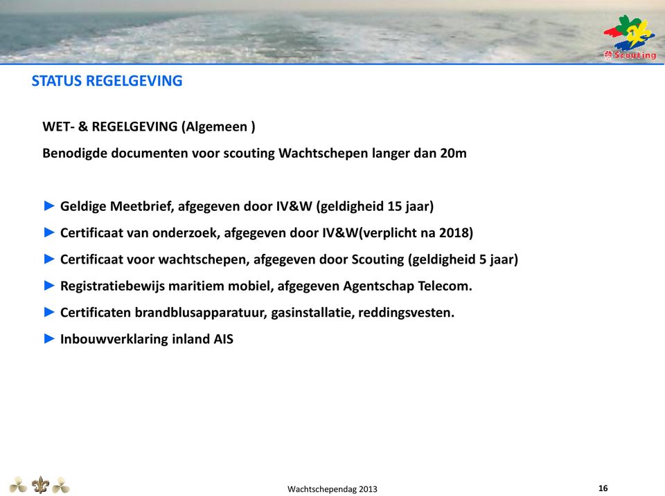 na 2018) Certificaat voor wachtschepen, afgegeven door Scouting (geldigheid 5 jaar) Registratiebewijs maritiem mobiel,