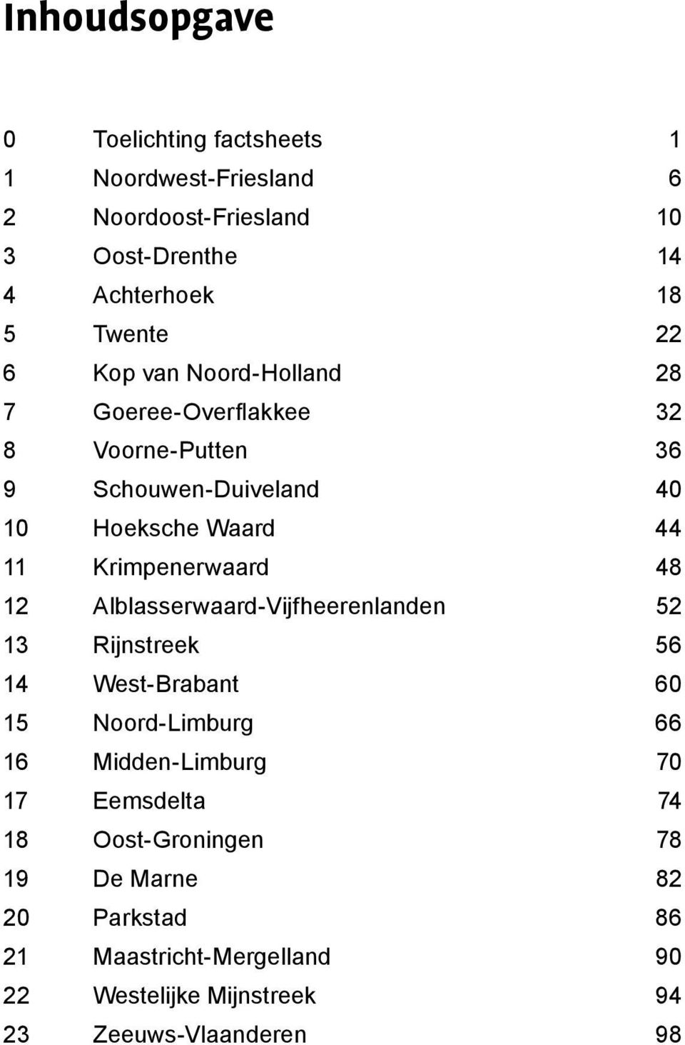 Krimpenerwaard 48 12 Alblasserwaard-Vijfheerenlanden 52 13 Rijnstreek 56 14 West-Brabant 60 15 Noord-Limburg 66 16 Midden-Limburg 70