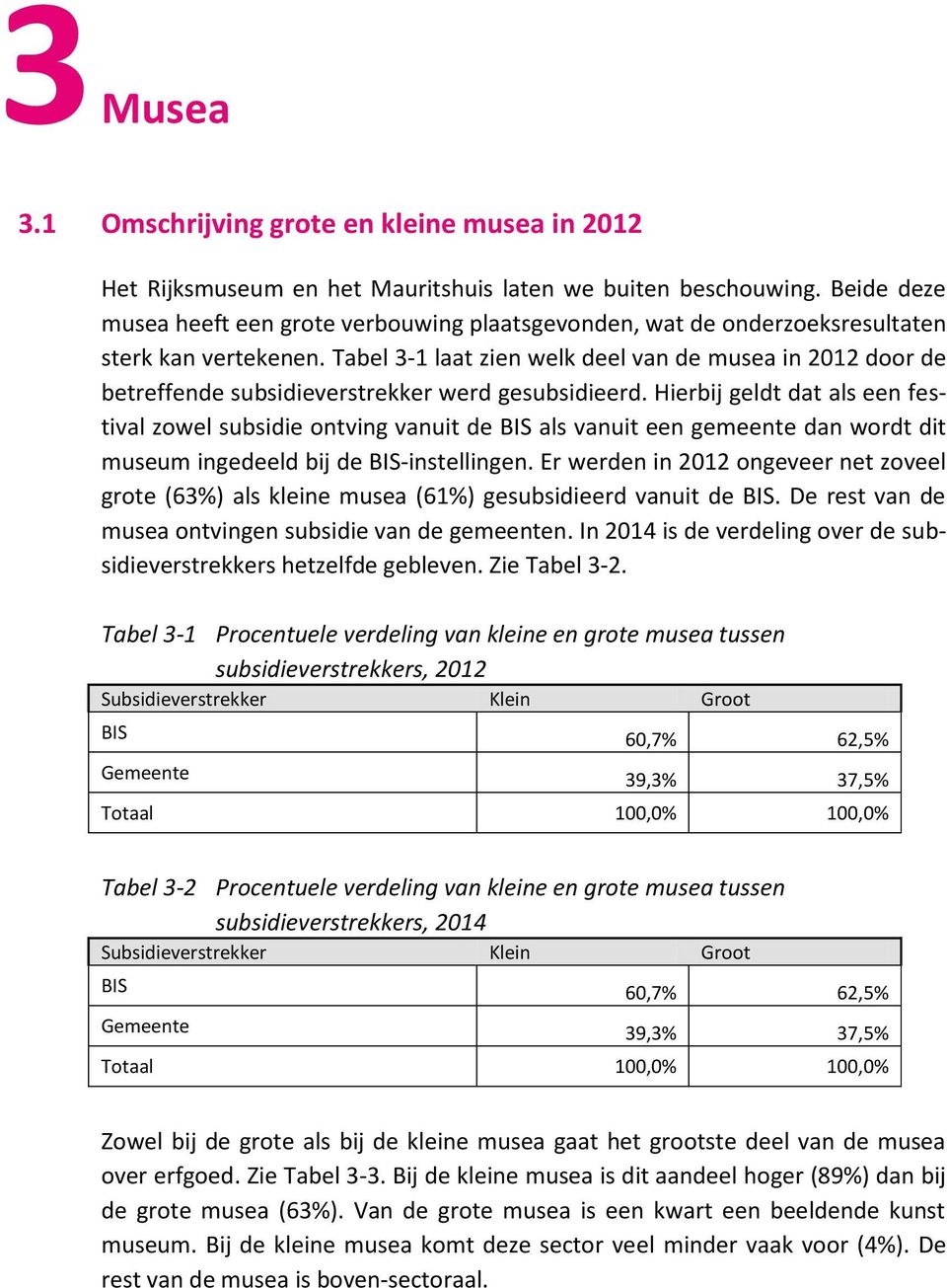 Tabel 3-1 laat zien welk deel van de musea in 2012 door de betreffende subsidieverstrekker werd gesubsidieerd.