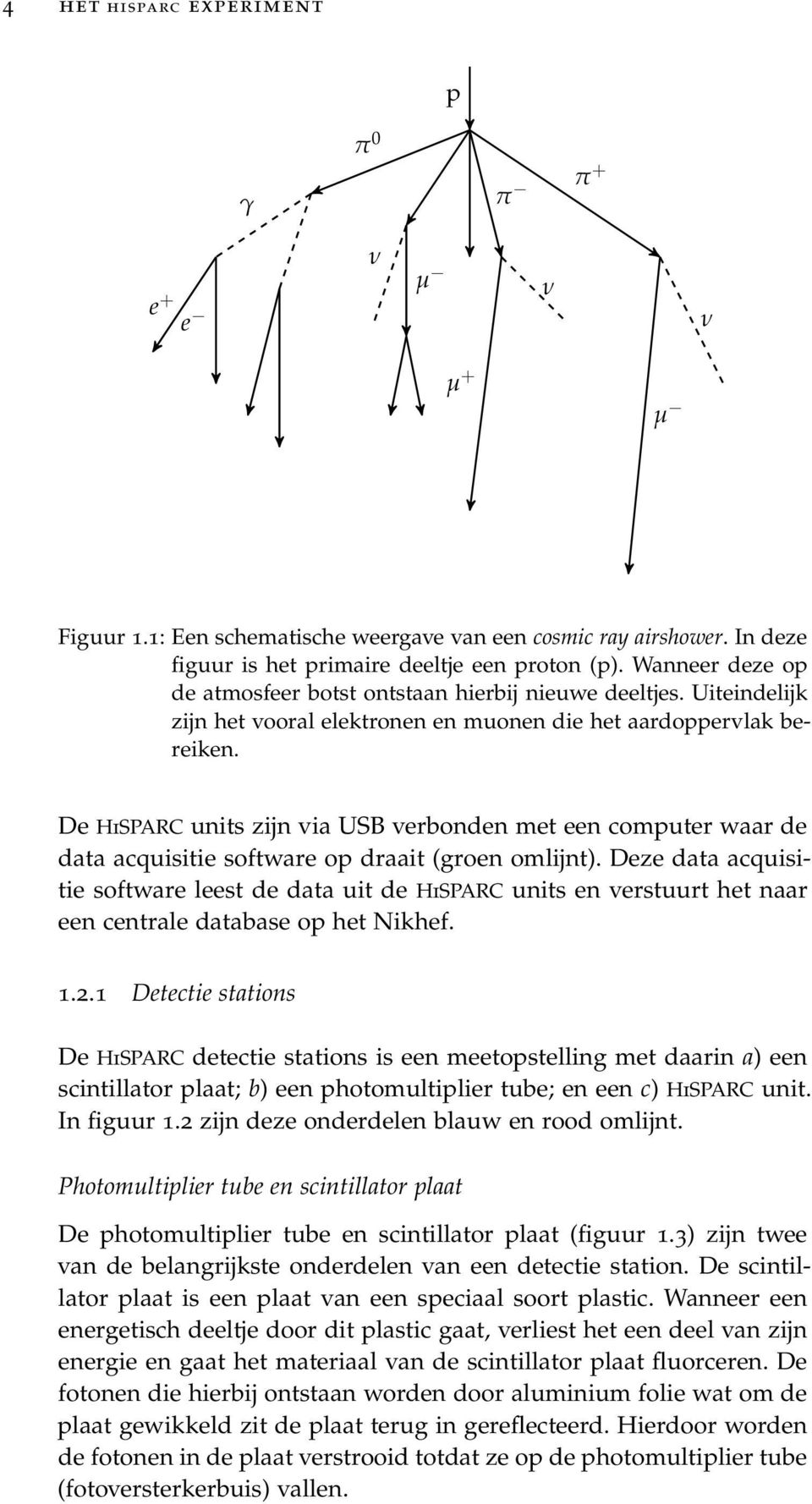 De HiSPARC units zijn via USB verbonden met een computer waar de data acquisitie software op draait (groen omlijnt).