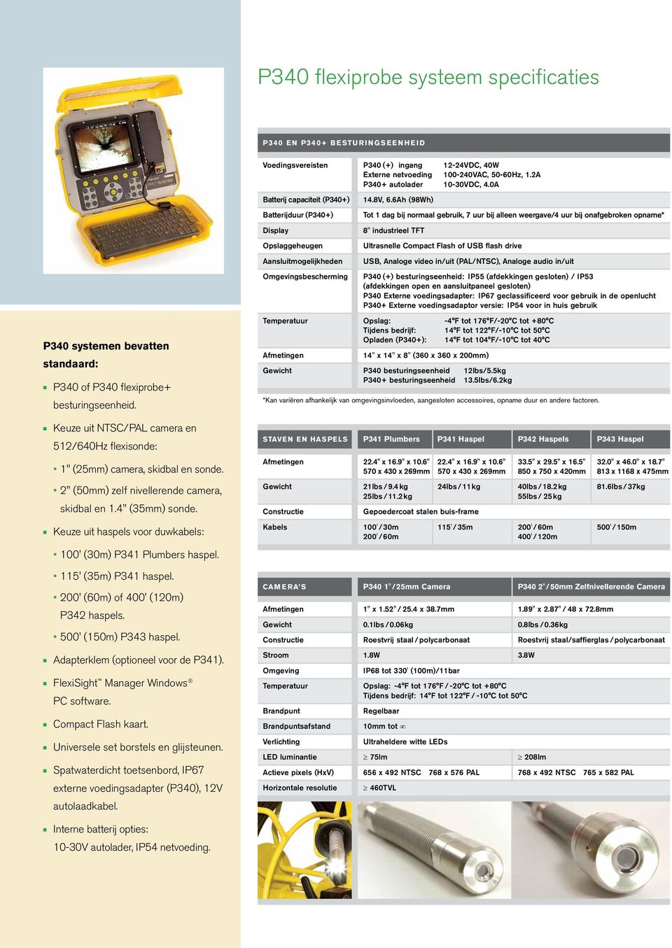 2" (50mm) zelf nivellerende camera, skidbal en 1.4" (35mm) sonde. n Keuze uit haspels voor duwkabels: 100' (30m) P341 Plumbers haspel. 115' (35m) P341 haspel. 200' (60m) of 400' (120m) P342 haspels.