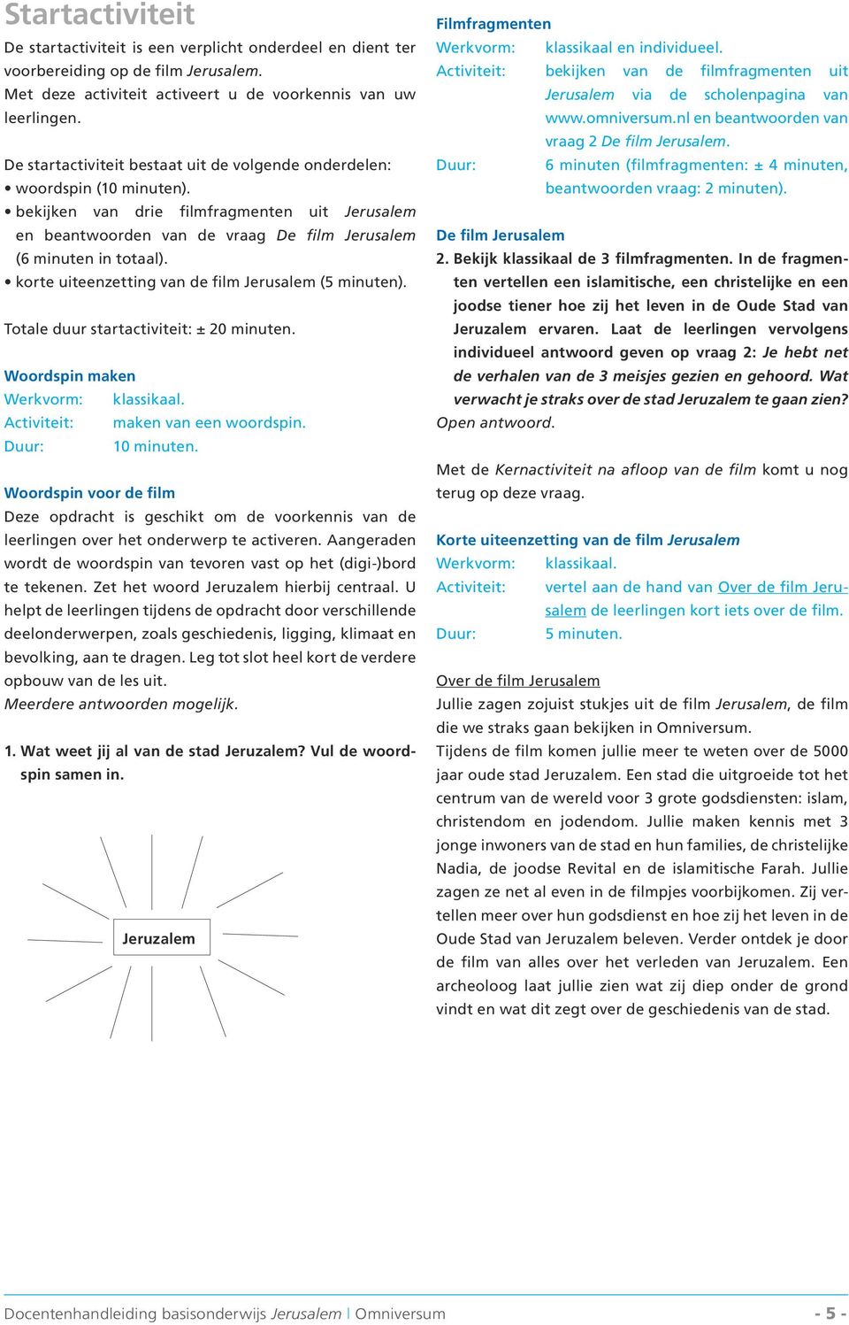 korte uiteenzetting van de film Jerusalem (5 minuten). Totale duur startactiviteit: ± 20 minuten. Woordspin maken Werkvorm: klassikaal. Activiteit: maken van een woordspin. Duur: 10 minuten.