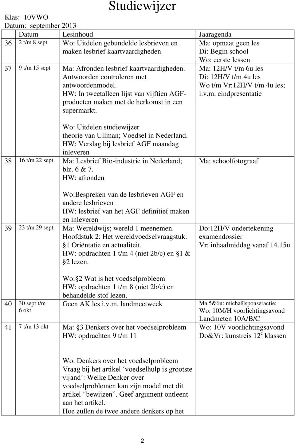 Ma: opmaat geen les Di: Begin school Wo: eerste lessen Ma: 12H/V t/m 6u les Di: 12H/V t/m 4u les Wo t/m Vr:12H/V t/m 4u les; i.v.m. eindpresentatie Wo: Uitdelen studiewijzer theorie van Ullman; Voedsel in Nederland.