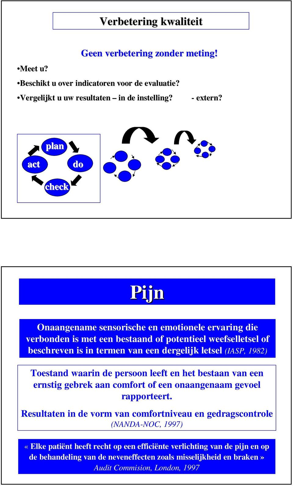 letsel (IASP, 1982) Toestand waarin de persoon leeft en het bestaan van een ernstig gebrek aan comfort of een onaangenaam gevoel rapporteert.