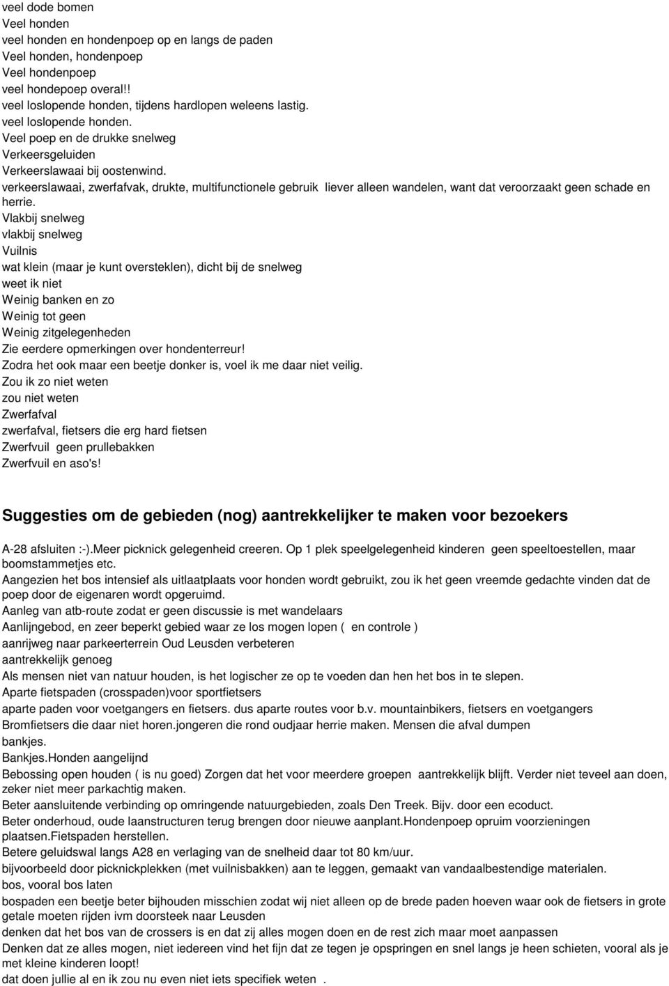 verkeerslawaai, zwerfafvak, drukte, multifunctionele gebruik liever alleen wandelen, want dat veroorzaakt geen schade en herrie.