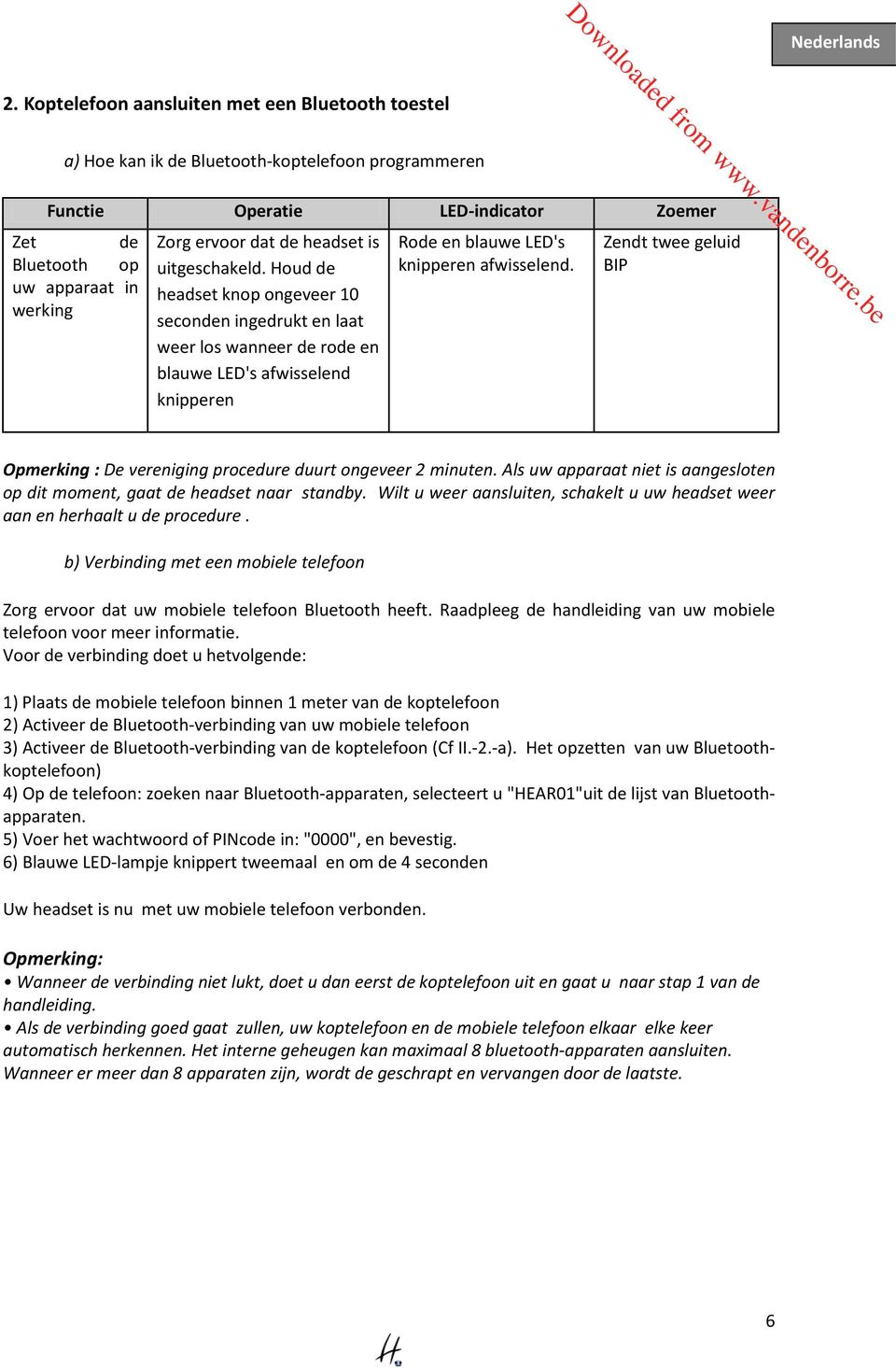 BIP uw apparaat in headset knop ongeveer 10 werking seconden ingedrukt en laat weer los wanneer de rode en blauwe LED's afwisselend knipperen Opmerking : De vereniging procedure duurt ongeveer 2