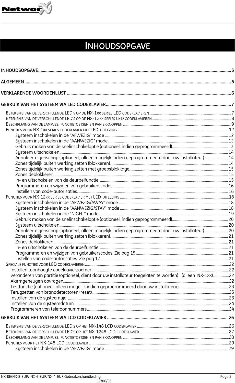 .. 9 FUNCTIES VOOR NX-1XX SERIES CODEKLAVIER MET LED-UITLEZING...12 Systeem inschakelen in de AFWEZIG mode... 12 Systeem inschakelen in de AANWEZIG mode.