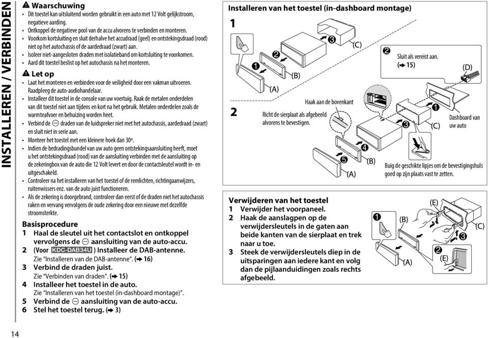 Voorkom kortsluiting en sluit derhalve het accudraad (geel) en ontstekingsdraad (rood) niet op het autochassis of de aardedraad (zwart) aan.