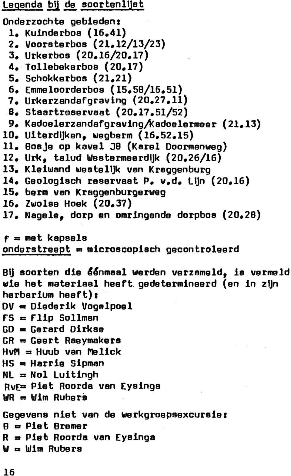 Bosje op kavel 38 (Karei Doormanweg) 12. Urk, talud Westermeerdijk (20,26/16) 13. Kleiwand westelijk van Kraggenburg 14. Geologisch reservaat P. v.d. Lijn (20.16) 15. berm van Kraggenburgerweg 16.